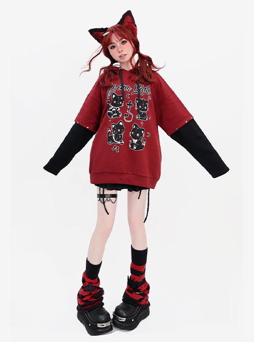 Dream Party Series Punk Style Cool Rivet Y2K Cat Pattern Kawaii Fashion Red Fake Two Piece Hooded Sweatshirt