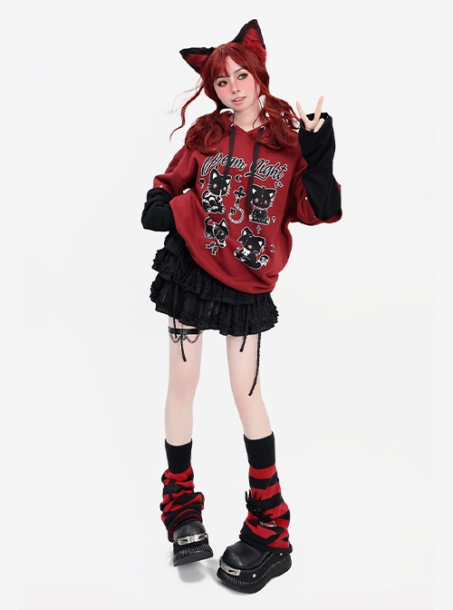 Dream Party Series Punk Style Cool Rivet Y2K Cat Pattern Kawaii Fashion Red Fake Two Piece Hooded Sweatshirt