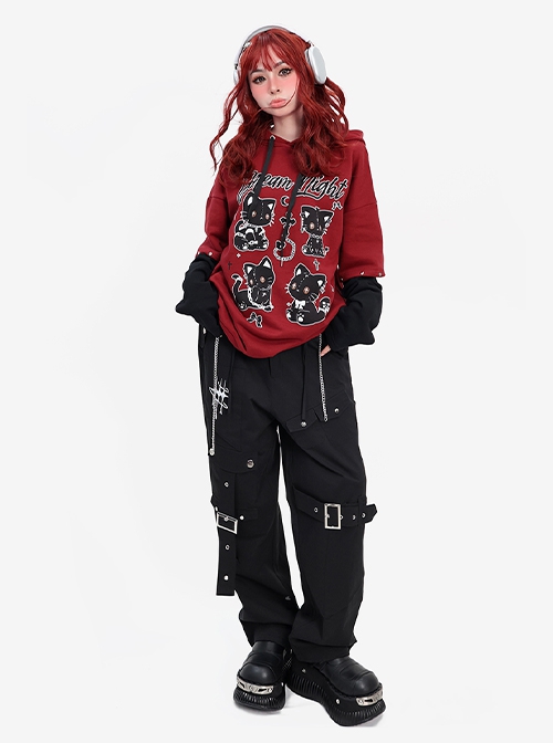 Dream Party Series Punk Style Cool Rivet Y2K Cat Pattern Kawaii Fashion Red Fake Two Piece Hooded Sweatshirt