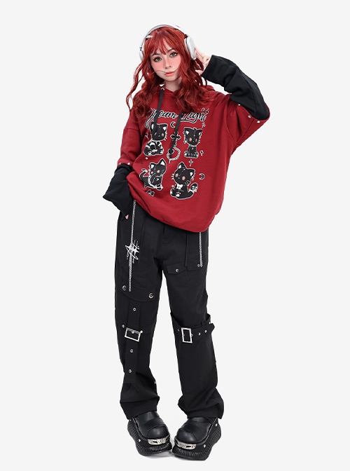 Dream Party Series Punk Style Cool Rivet Y2K Cat Pattern Kawaii Fashion Red Fake Two Piece Hooded Sweatshirt