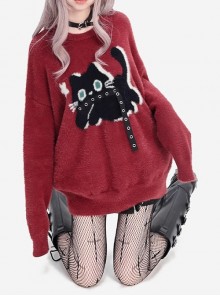 Star Chasing Black Cat Series Christmas  New Year Feel Cute Black Cat Pattern Kawaii Fashion Red Sweater