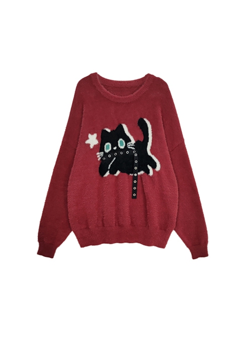 Star Chasing Black Cat Series Christmas  New Year Feel Cute Black Cat Pattern Kawaii Fashion Red Sweater