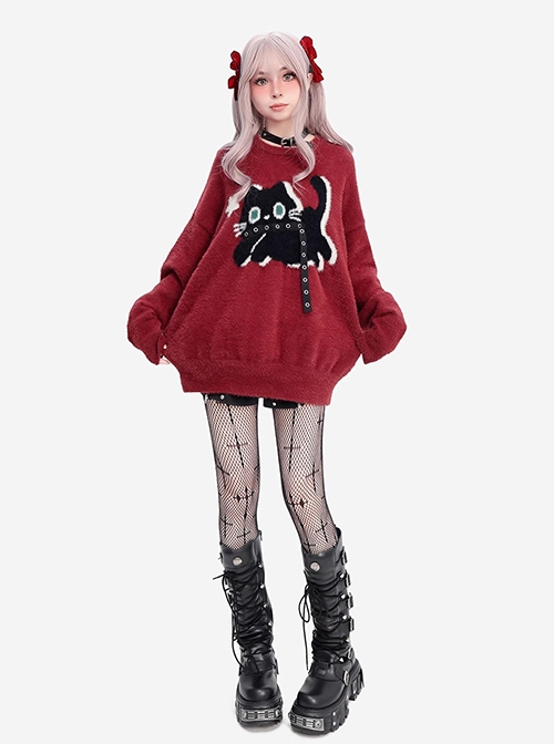 Star Chasing Black Cat Series Christmas  New Year Feel Cute Black Cat Pattern Kawaii Fashion Red Sweater