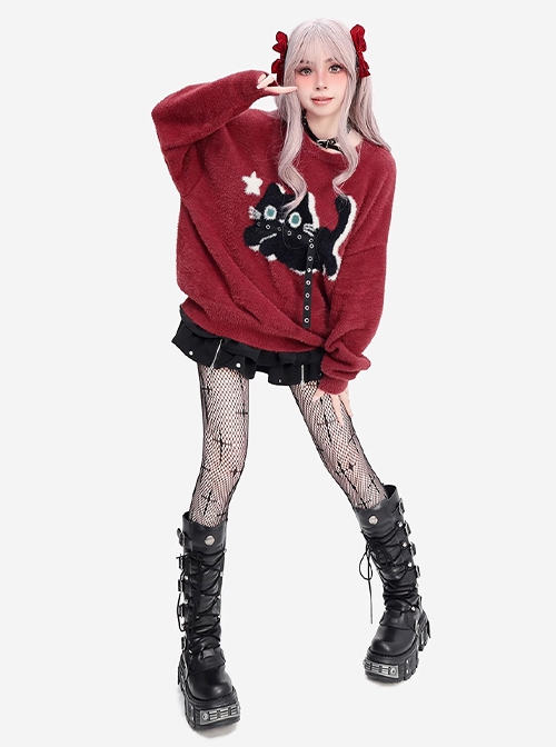 Star Chasing Black Cat Series Christmas  New Year Feel Cute Black Cat Pattern Kawaii Fashion Red Sweater