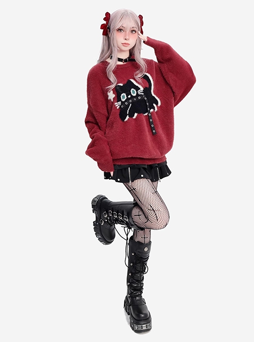 Star Chasing Black Cat Series Christmas  New Year Feel Cute Black Cat Pattern Kawaii Fashion Red Sweater