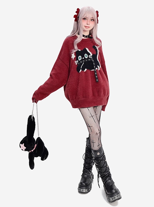 Star Chasing Black Cat Series Christmas  New Year Feel Cute Black Cat Pattern Kawaii Fashion Red Sweater