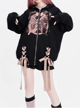 Butterfly And Bowknot Series Dreamy Pink Butterfly Print Bowknot Ribbon Kawaii Fashion Black Hooded Coat