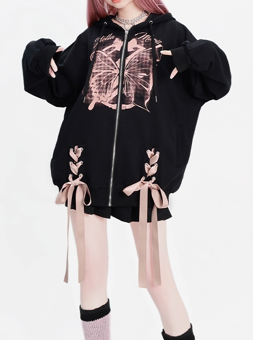 Butterfly And Bowknot Series Dreamy Pink Butterfly Print Bowknot Ribbon Kawaii Fashion Black Hooded Coat