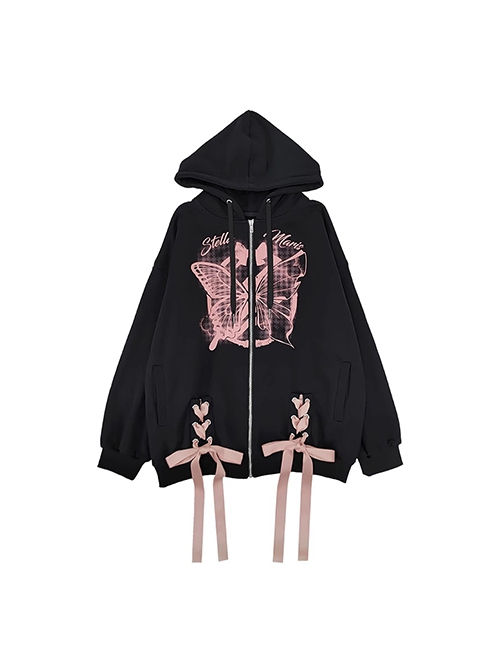 Butterfly And Bowknot Series Dreamy Pink Butterfly Print Bowknot Ribbon Kawaii Fashion Black Hooded Coat