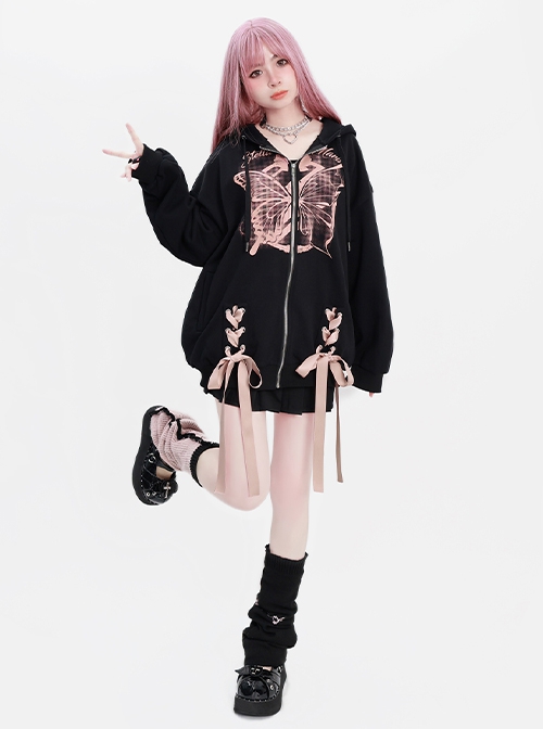 Butterfly And Bowknot Series Dreamy Pink Butterfly Print Bowknot Ribbon Kawaii Fashion Black Hooded Coat