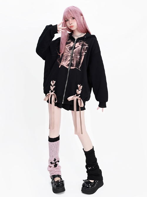 Butterfly And Bowknot Series Dreamy Pink Butterfly Print Bowknot Ribbon Kawaii Fashion Black Hooded Coat