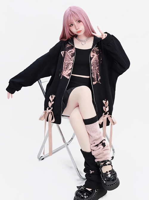 Butterfly And Bowknot Series Dreamy Pink Butterfly Print Bowknot Ribbon Kawaii Fashion Black Hooded Coat