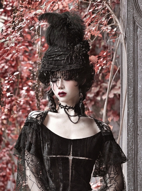 Duchess Series Victoria Gothic Punk Spider Beads Chain Tassel Lace Court Ostrich Feather Hat