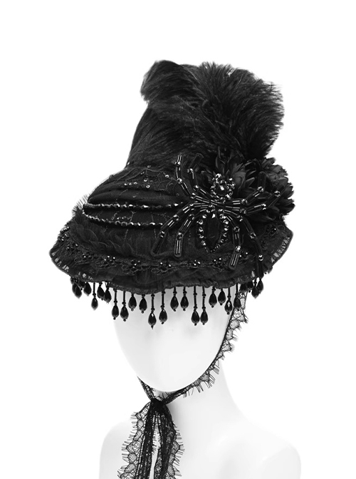 Duchess Series Victoria Gothic Punk Spider Beads Chain Tassel Lace Court Ostrich Feather Hat