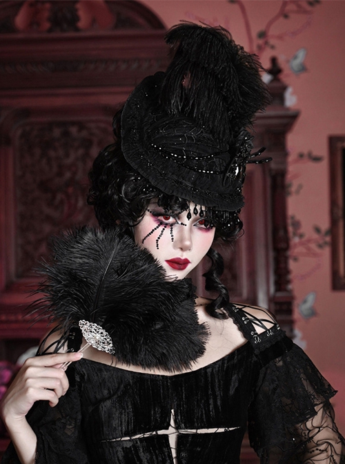 Duchess Series Victoria Gothic Punk Spider Beads Chain Tassel Lace Court Ostrich Feather Hat