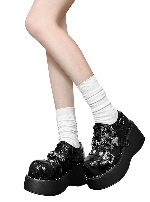 Devil Trap Series Hot Girls Y2K Heart Shape Chain Black Sweet Cool Punk Lolita Round Toe Thick Bottom Shoes