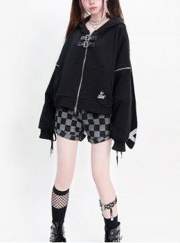 The Bunny Clan Series Sweet Cool Style Oversized Bunny Ears Leather Buckle Kawaii Fashion Black Hooded Coat