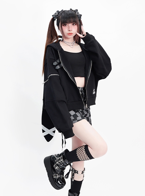 The Bunny Clan Series Sweet Cool Style Oversized Bunny Ears Leather Buckle Kawaii Fashion Black Hooded Coat