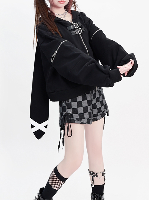 The Bunny Clan Series Sweet Cool Style Oversized Bunny Ears Leather Buckle Kawaii Fashion Black Hooded Coat