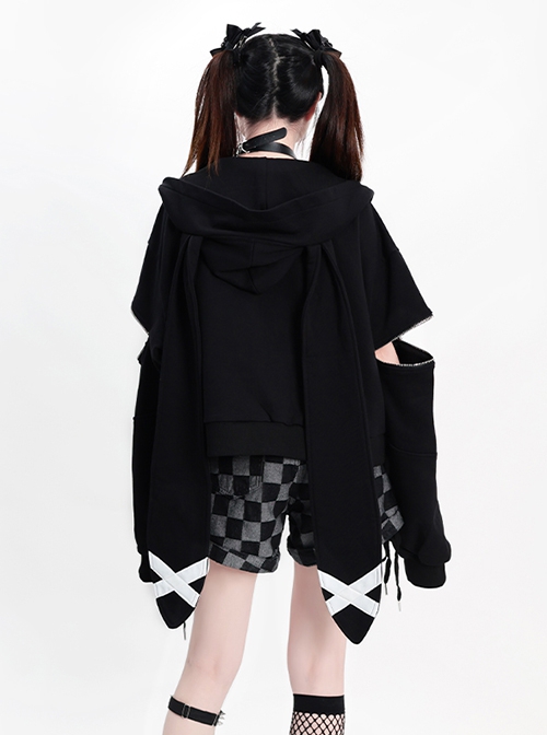 The Bunny Clan Series Sweet Cool Style Oversized Bunny Ears Leather Buckle Kawaii Fashion Black Hooded Coat