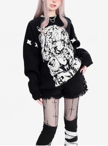 Girl Memory Series Cool Cross Strap Design Anime Girl Print Kawaii Fashion Black Loose Knitted Sweater