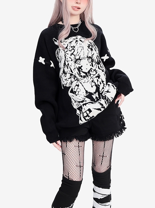 Girl Memory Series Cool Cross Strap Design Anime Girl Print Kawaii Fashion Black Loose Knitted Sweater