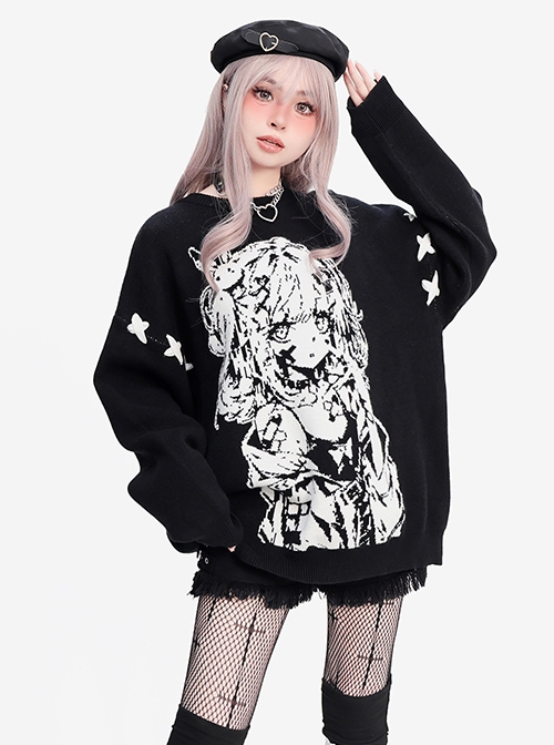 Girl Memory Series Cool Cross Strap Design Anime Girl Print Kawaii Fashion Black Loose Knitted Sweater