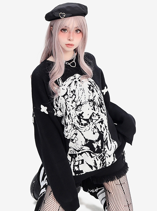 Girl Memory Series Cool Cross Strap Design Anime Girl Print Kawaii Fashion Black Loose Knitted Sweater