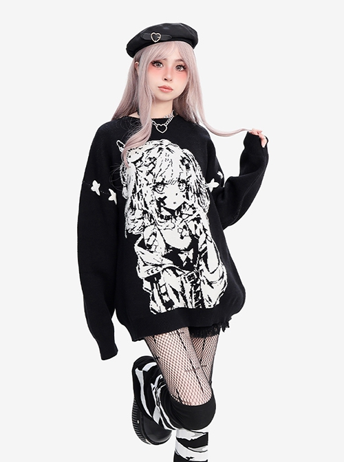 Girl Memory Series Cool Cross Strap Design Anime Girl Print Kawaii Fashion Black Loose Knitted Sweater