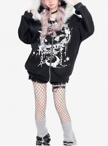 Star Moon Cat Series Punk Style Plush Collar Personalized Print Kawaii Fashion Black Loose Hooded Coat