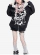 Star Moon Cat Series Punk Style Plush Collar Personalized Print Kawaii Fashion Black Loose Hooded Coat