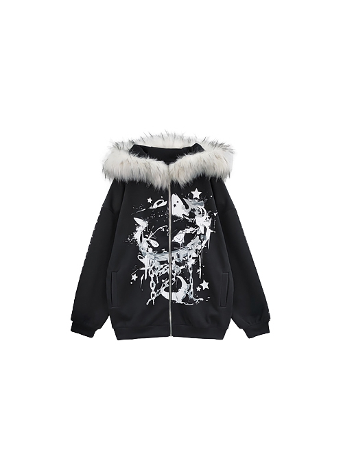 Star Moon Cat Series Punk Style Plush Collar Personalized Print Kawaii Fashion Black Loose Hooded Coat