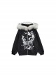 Star Moon Cat Series Punk Style Plush Collar Personalized Print Kawaii Fashion Black Loose Hooded Coat