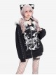 Star Moon Cat Series Punk Style Plush Collar Personalized Print Kawaii Fashion Black Loose Hooded Coat