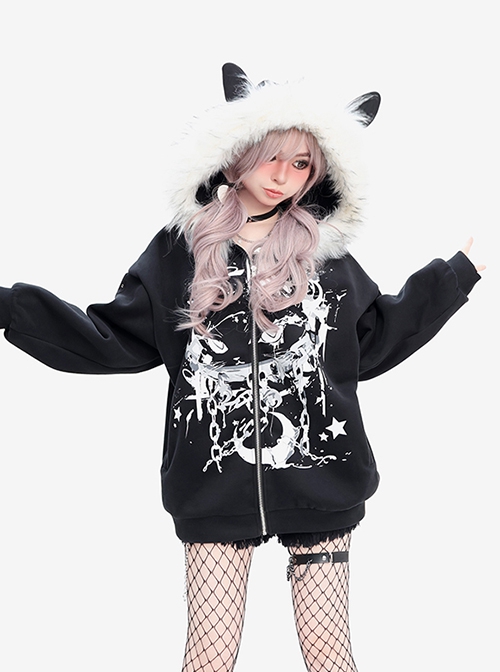 Star Moon Cat Series Punk Style Plush Collar Personalized Print Kawaii Fashion Black Loose Hooded Coat