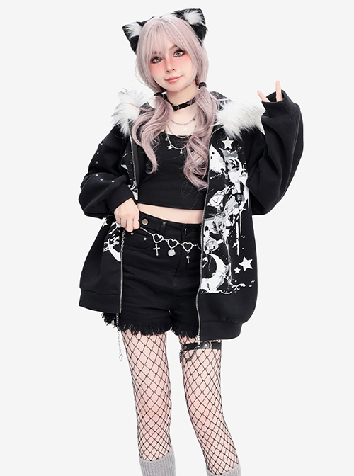 Star Moon Cat Series Punk Style Plush Collar Personalized Print Kawaii Fashion Black Loose Hooded Coat