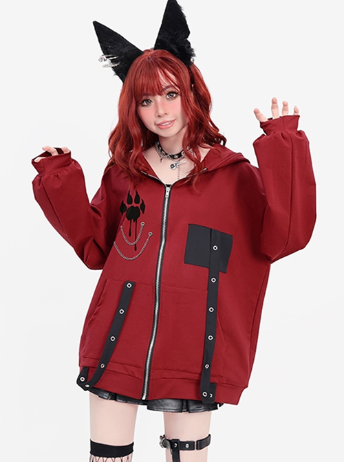 Wild Moments Series Sweet Cool Y2K Style Cat Ear Shape Paw Print Chain Decoration Kawaii Fashion Red Hooded Coat