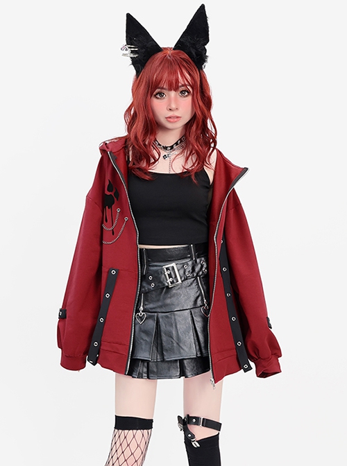 Wild Moments Series Sweet Cool Y2K Style Cat Ear Shape Paw Print Chain Decoration Kawaii Fashion Red Hooded Coat