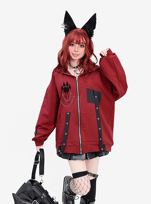 Wild Moments Series Sweet Cool Y2K Style Cat Ear Shape Paw Print Chain Decoration Kawaii Fashion Red Hooded Coat