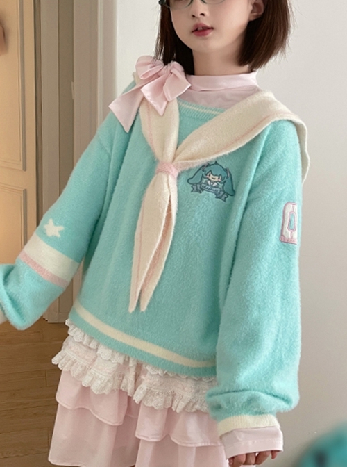 Miku Co-Branded Kawaii Fashion Soft Girl Loose Green Sailor Collar Bunny Ears Sweater