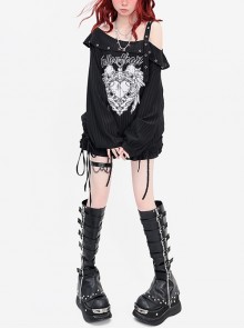 Lucifer Heart Series Unique Off Shoulder Design Hem Drawstring Punk Print Kawaii Fashion Black Top