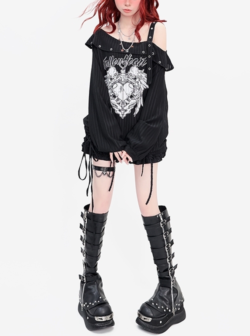 Lucifer Heart Series Unique Off Shoulder Design Hem Drawstring Punk Print Kawaii Fashion Black Top