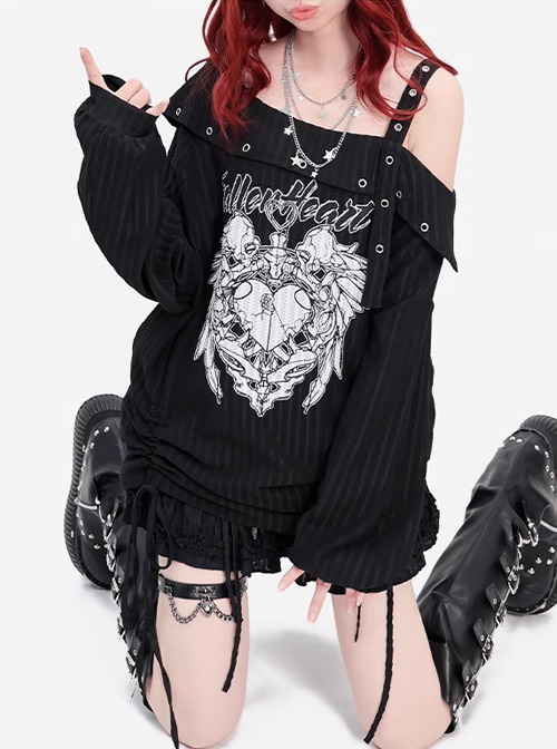 Lucifer Heart Series Unique Off Shoulder Design Hem Drawstring Punk Print Kawaii Fashion Black Top