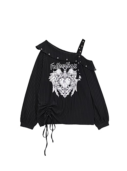 Lucifer Heart Series Unique Off Shoulder Design Hem Drawstring Punk Print Kawaii Fashion Black Top