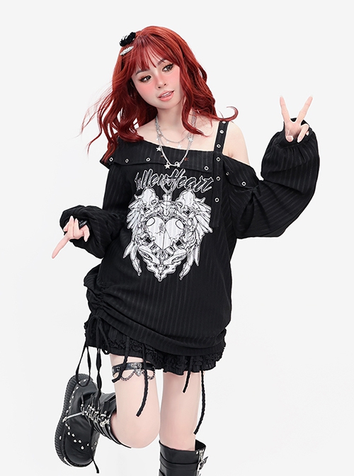 Lucifer Heart Series Unique Off Shoulder Design Hem Drawstring Punk Print Kawaii Fashion Black Top