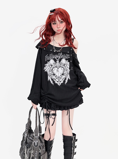 Lucifer Heart Series Unique Off Shoulder Design Hem Drawstring Punk Print Kawaii Fashion Black Top