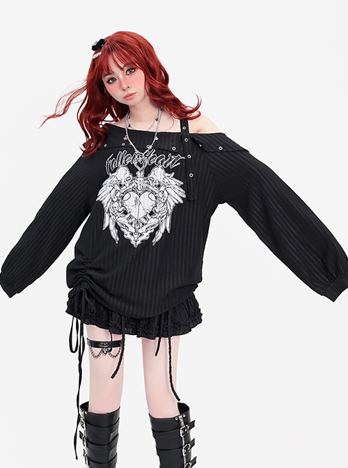 Lucifer Heart Series Unique Off Shoulder Design Hem Drawstring Punk Print Kawaii Fashion Black Top