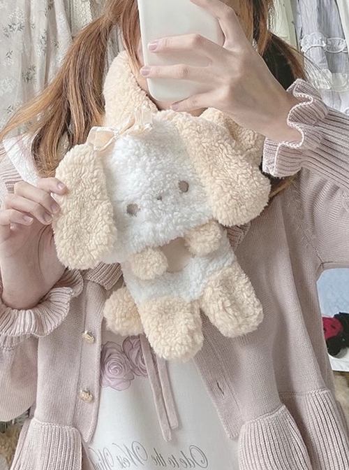 Sweet Girl Kawaii Fashion Plush Autumn Winter Cute Warm Cartoon Khaki Puppy Scarf