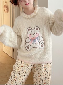 Apricot Sweet Girl Plush Autumn Winter Warm Cartoon Embroidery Kawaii Fashion Loose Lantern Sleeves Bear Sweater