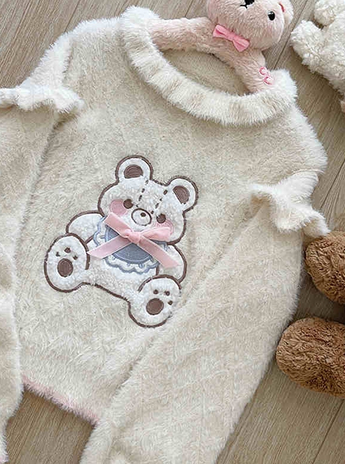 Apricot Sweet Girl Plush Autumn Winter Warm Cartoon Embroidery Kawaii Fashion Loose Lantern Sleeves Bear Sweater